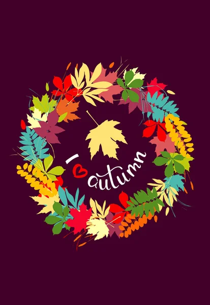 Jag älskar hösten bakgrund med multicolor blad. Vector illustr — Stock vektor