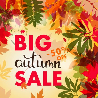 Çok renkli sonbahar yaprakları ile satış banner. Vektör 