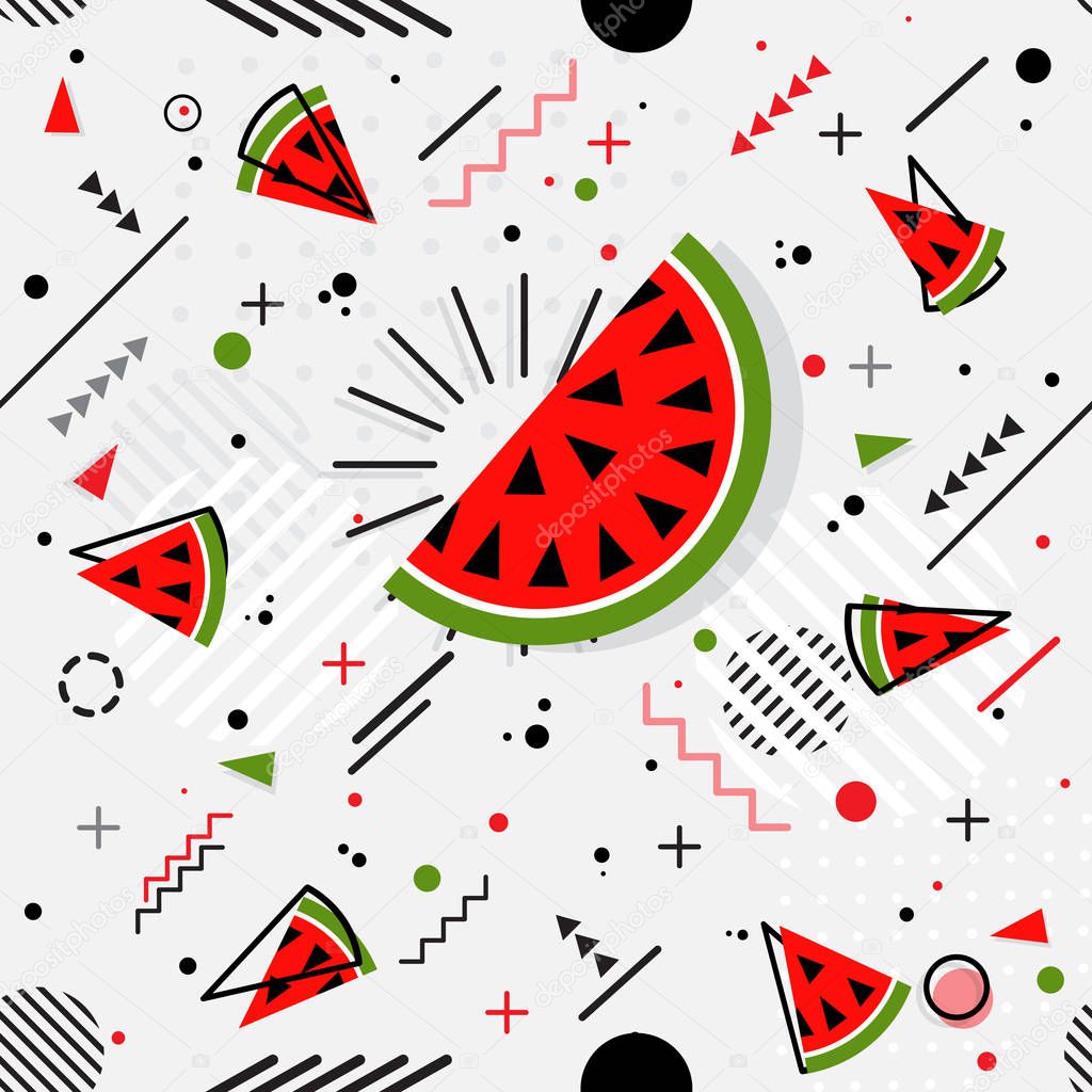 Trendy seamless, Memphis style watermelon geometric pattern, vec
