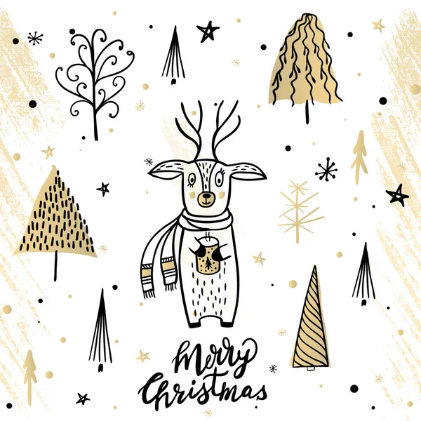 Template Christmas greeting card with a deer and tree. — Stock Vector