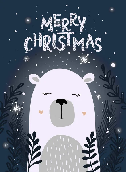 Template Christmas greeting card with a bear and floral. — Stock Vector