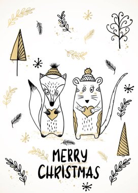 Bir fare, fare, tilki ve ağaç ile Noel tebrik kartı şablonu