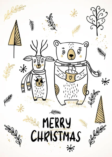 Modèle Carte de voeux de Noël avec ours, cerf et arbre . — Image vectorielle