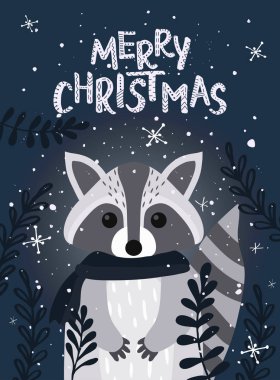 Noel tebrik kartı ve rakun şablonu. Noel şarabı