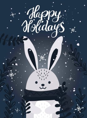 Bir tavşanla Noel tebrik kartı şablonu. Noel kışı