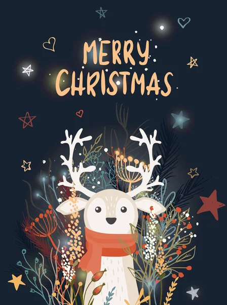 Geyik ve çiçekli Noel tebrik kartı. Tanrım.