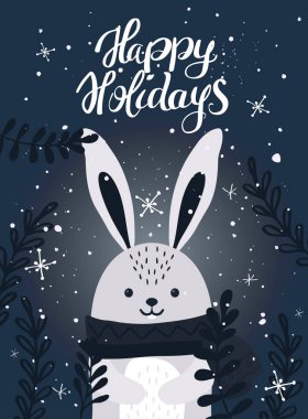 Bir tavşanla Noel tebrik kartı şablonu. Noel kışı