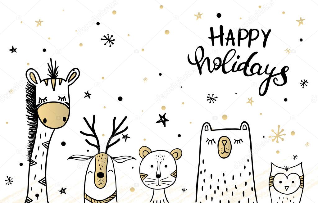 Template Christmas greeting card with a deer, owl and bear, gira