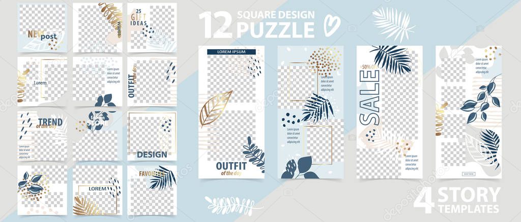 Trendy editable template for social networks stories and posts, vector illustration. Set of instagram story and puzzle post square frame. Mockup for advertising.  Design backgrounds for social media.