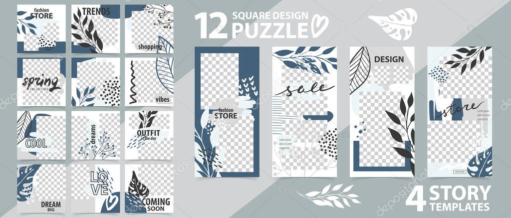 Trendy editable template for social networks stories and posts, vector illustration. Set of instagram story and puzzle post square frame. Mockup for advertising. Design backgrounds for social media.