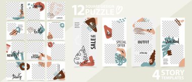 Sosyal ağlar hikayeleri ve gönderileri için popüler editable şablon, vektör illüstrasyon. Instagram hikaye ve bulmaca sonrası kare kare ayarlayın. Reklam için mockup. Sosyal medya için arka planlar tasarla.