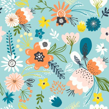 Kusursuz çiçek deseni. Duvar kağıdı, kapak, kumaş ve tekstil için vektör el çizimi