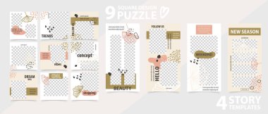 Sosyal ağlar hikayeleri ve gönderileri için popüler editable şablon, vektör illüstrasyon. Instagram hikaye ve bulmaca sonrası kare kare ayarlayın. Reklam için mockup. Sosyal medya için arka planlar tasarla.