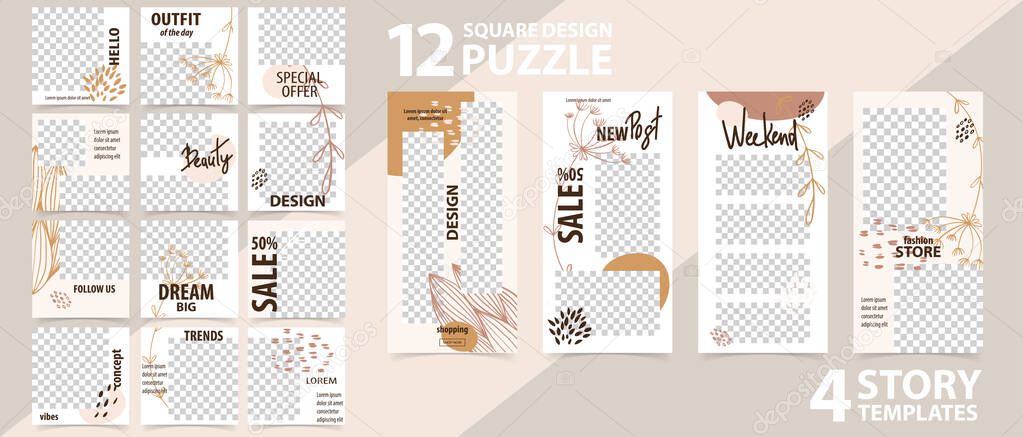 Trendy editable template for social networks stories and posts, vector illustration. Set of instagram story and puzzle post square frame. Mockup for advertising. Design backgrounds for social media.