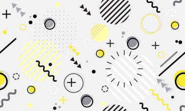 Parlak geometrik yapraklar, çizgi elementleri ve soyut geometrik şekiller içeren vektör illüstrasyonu ile modasız Memphis tarzı geometrik desen. Duvar kağıdı için arkaplan tasarımı