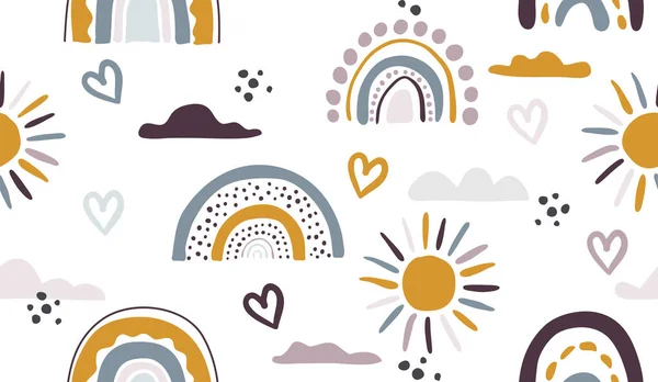 Seamless Vector Pattern Hand Drawn Rainbows Sun Trendy Baby Texture — Stock Vector