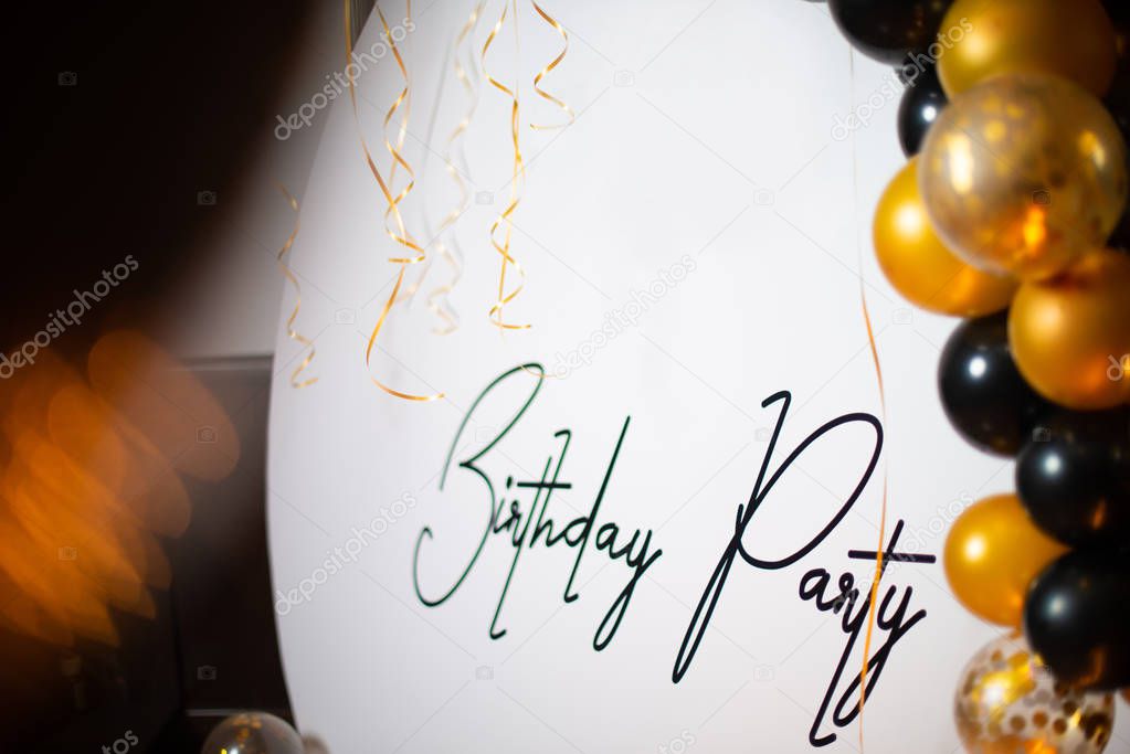 Happy birthday! Birthday party billboard with yellow and black balloons Birthday wishes and decoration concept.