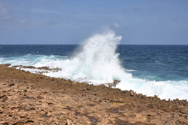 Une grosse vague frappe la côte rocheuse d'Aruba — Photo