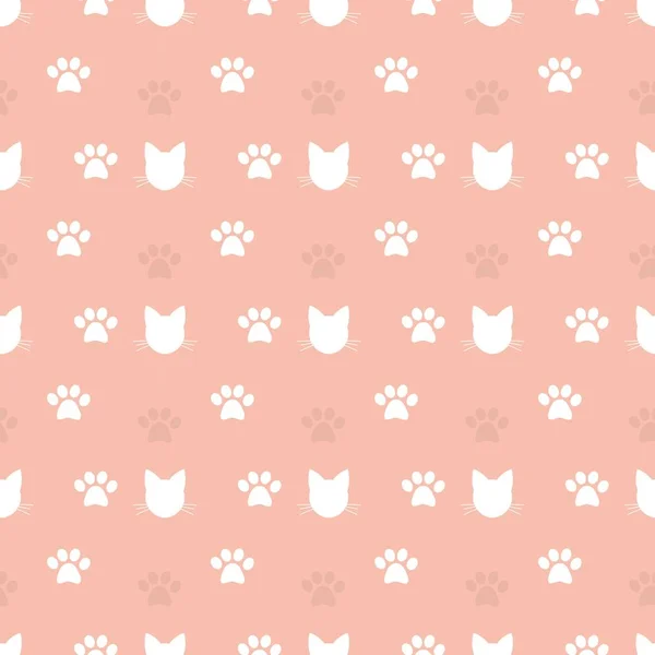 Cabezas de gato y huellas de pata patrón sin costuras — Vector de stock