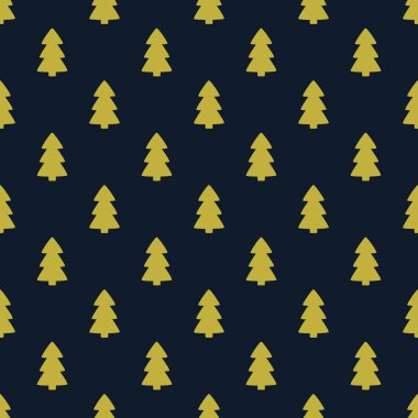 Koyu mavi arka planda altın Noel ağaçları..