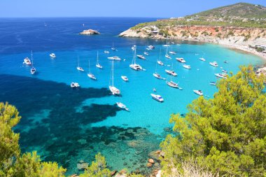Cala d 'Hort körfezi, İbiza' da plaj ve turkuaz su. 