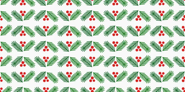 Christmas tree branches and red berries seamless pattern. — Stock Vector