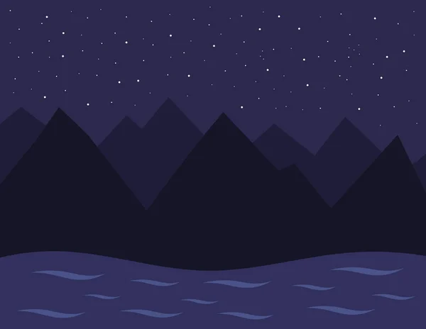Night Landscape Mountains River Starry Sky Vector Illustration — Stock Vector