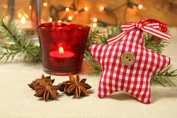 Weihnachtsstern Und Kerze Nach Hause Rote Dekoration Hintergrund — Stockfoto