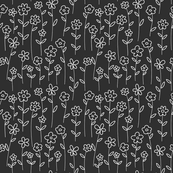 Witte Omtrek Bloemen Naadloos Patroon Zwarte Achtergrond Vectorillustratie — Stockvector