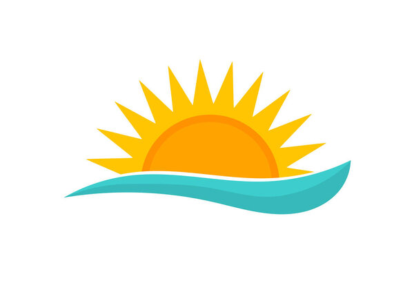 Sunset sun and sea wave summer icon. Vector illustration.