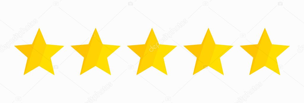 Yellow five stars quality rating icon isolated on white. Vector illustration.
