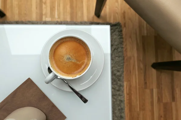 Black Coffee Cup White Glass Table — Stock Photo, Image