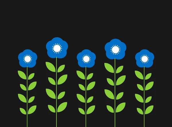 Flores Azules Plantas Que Crecen Jardín Sobre Fondo Negro Ilustración — Vector de stock