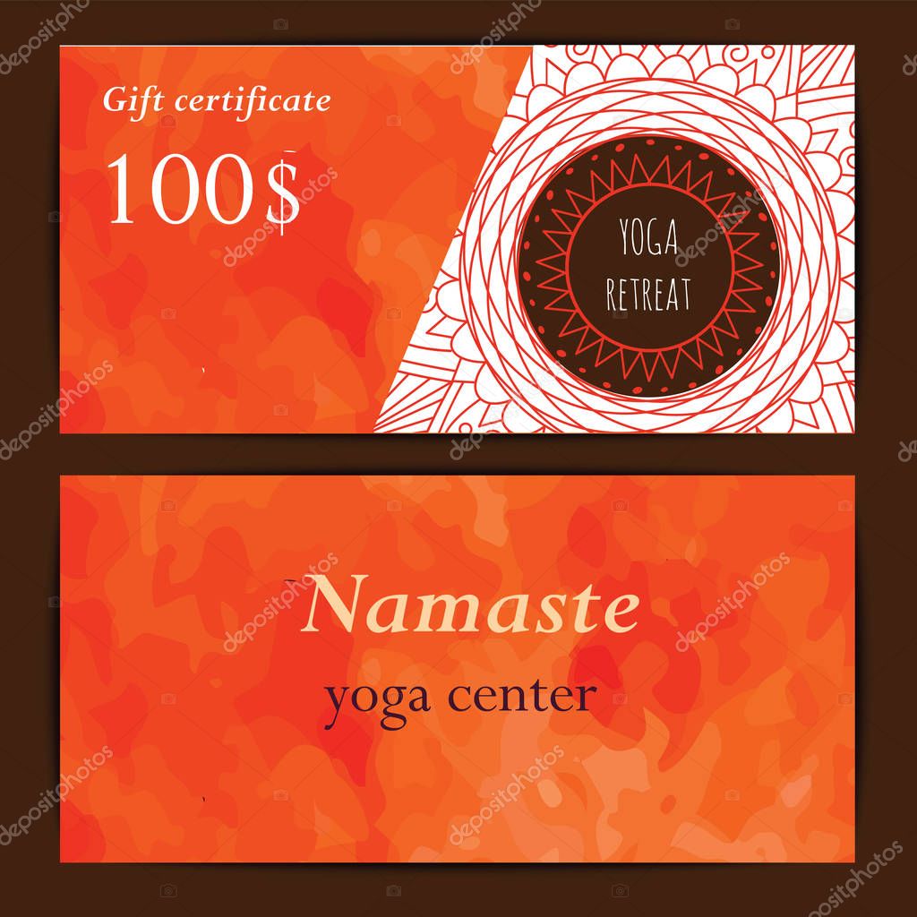 Gift card template for yoga studio or class. Vector background in watercolor style