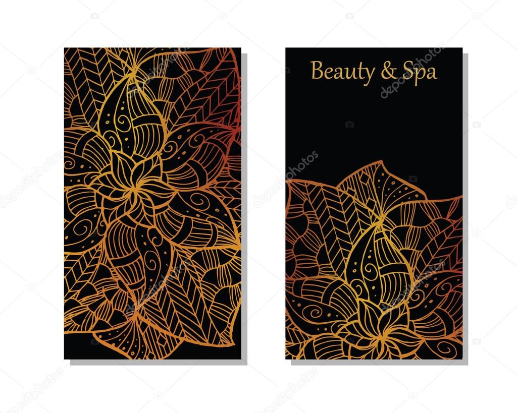 Cards template for spa salon. Beauty studio. Vector editable pattern with front and back side. Golden mandala