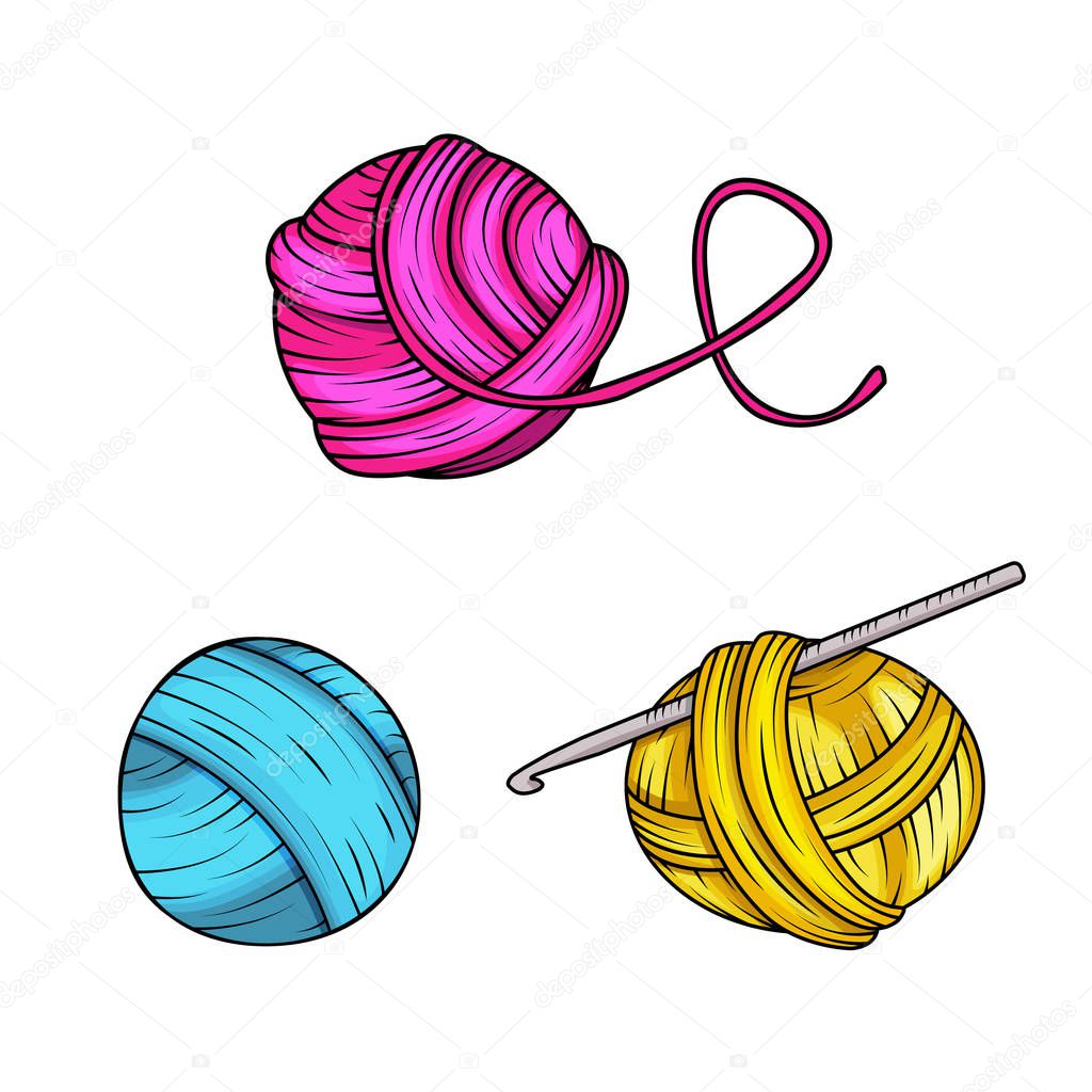 Yarn ball set in cartoon style. For print, logo, creative design. Vector illustration. Isolated on white