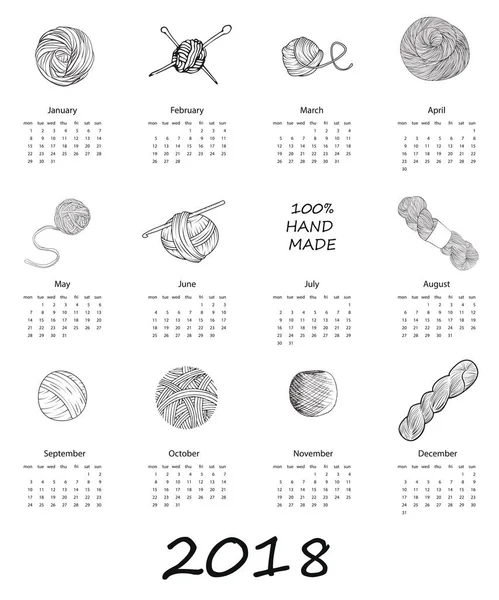 2018 kalendarz z przędzy w ręku rysowane stylu — Wektor stockowy