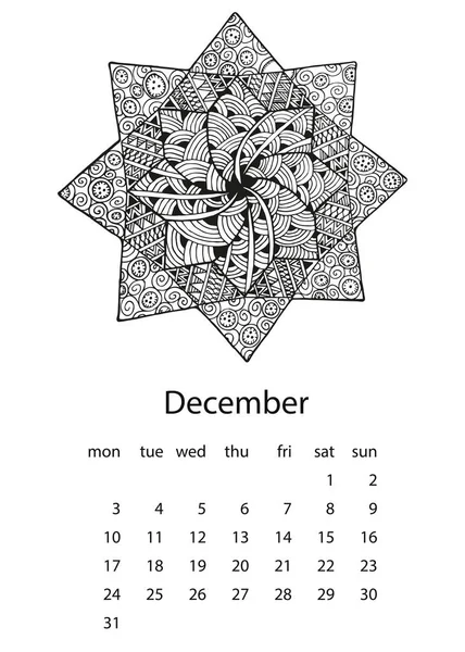 Kalender 2018 mit Mandala im handgezeichneten Stil — Stockvektor