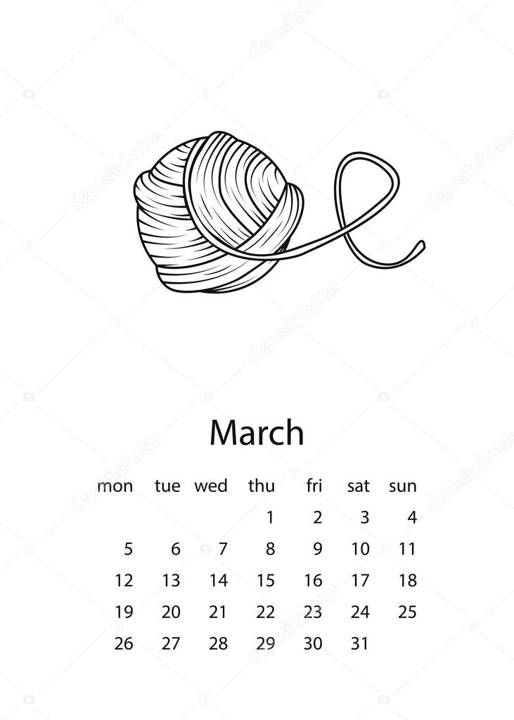 Calendar 2018 with yarn in hand drawn style. 