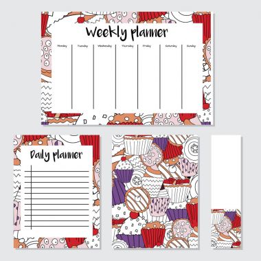 Cupcake seamless modeli karikatür tarzı ile haftalık ve günlük planlayıcısı