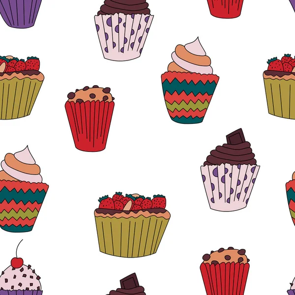 Cupcake padrão sem costura no estilo dos desenhos animados — Vetor de Stock