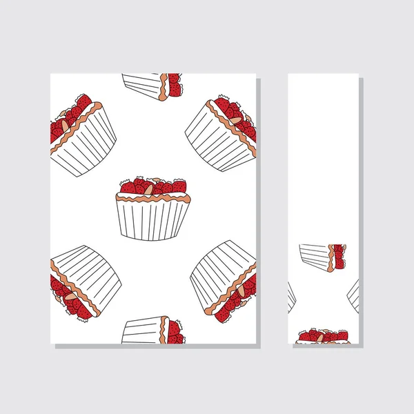 Kochbuch-Cover-Vorlage mit Cupcake nahtlosem Muster im Cartoon-Stil — Stockvektor
