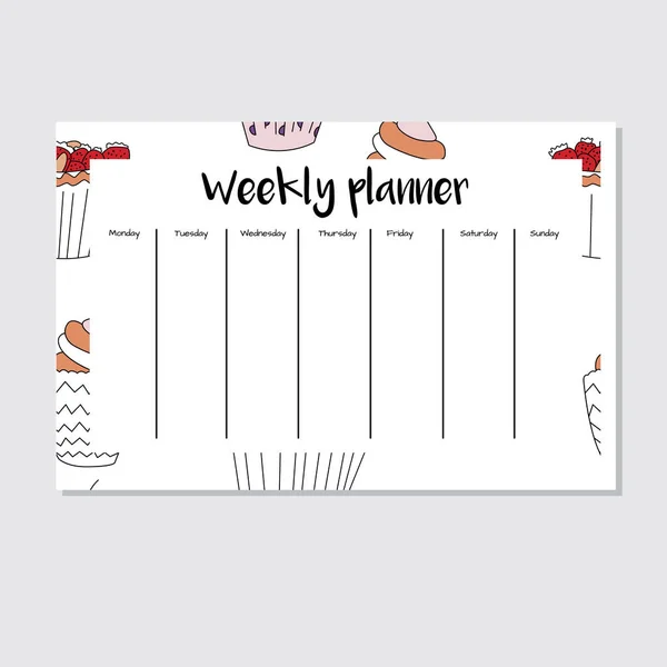 Weekly planner med cupcake sömlösa mönster i tecknad stil — Stock vektor