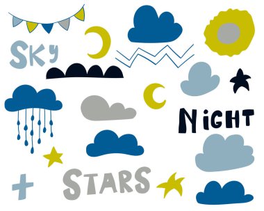 Çocuk tasarımı için İskandinav tarzı öğeler - ağ, baskı, tekstil. Vektör illüstrasyonu