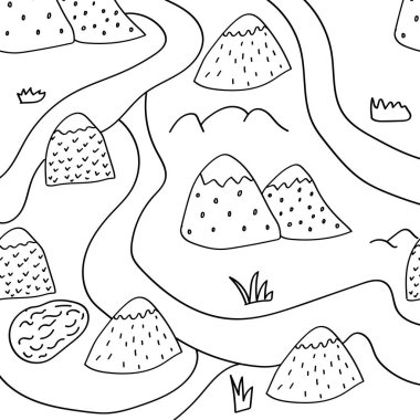 Dağlar, İskandinav tarzında kusursuz desenler sergiliyor. Tekstil, baskı, çocuk odası tasarımı. Vektör illüstrasyonu