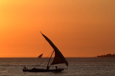 Zanzibar üzerinde günbatımında Yelkenliler