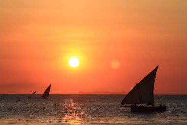 Zanzibar üzerinde günbatımında Yelkenliler