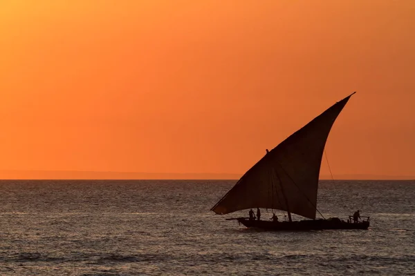 帆船在夕阳桑给巴尔岛上 — 图库照片