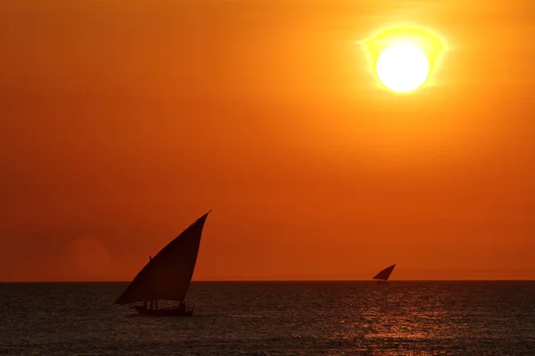 Zeilboten in de zonsondergang op Zanzibar — Stockfoto