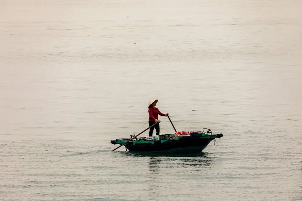 Negócios Barco Remos Baía Halong Vietname Novembro 2019 — Fotografia de Stock